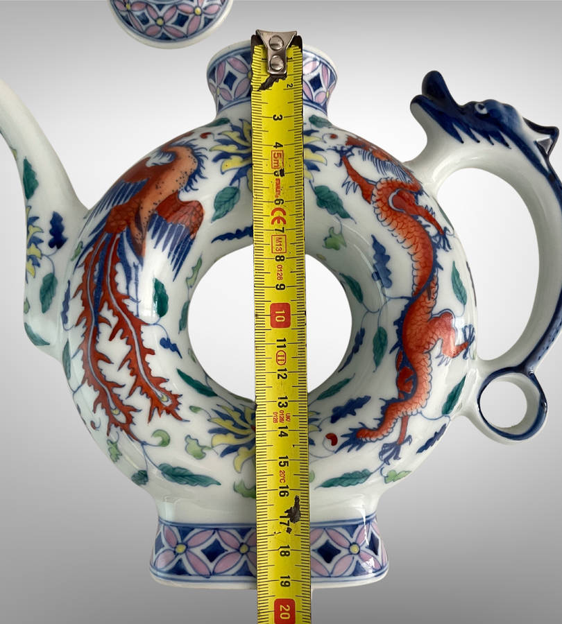 Hand-Painted Chinese Phoenix & Dragon Ring Teapot  Qing Style with Yongzheng Mark  24.5cm with Sta