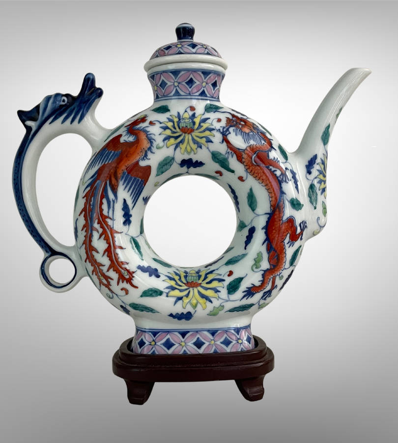 Hand-Painted Chinese Phoenix & Dragon Ring Teapot  Qing Style with Yongzheng Mark  24.5cm with Sta