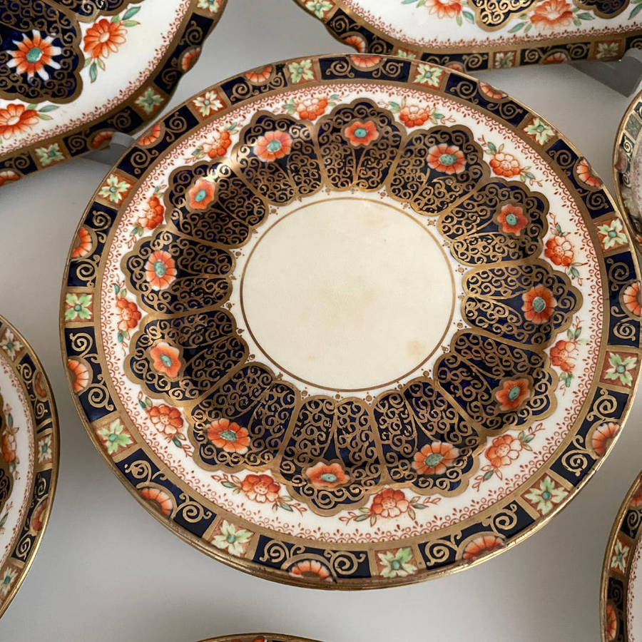 Antique Court China Tea Set  William Lowe  c.19281930  Hand Painted Imari Style  20 Piece  Mad