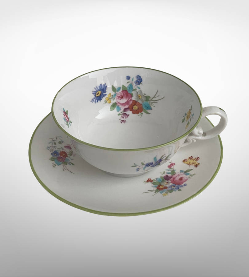 Antique Spode Copelands Tea Cup & Saucer  Ditsy Florals, Green Rim, Phillips Ltd Mark (1908-1929)