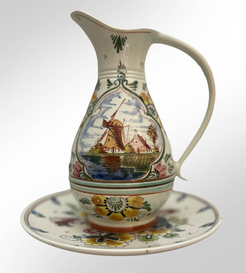 Delft Blue Hand-Painted Faience Polychrome Jug & Plate 2 piece Set  Signed, Made in Holland