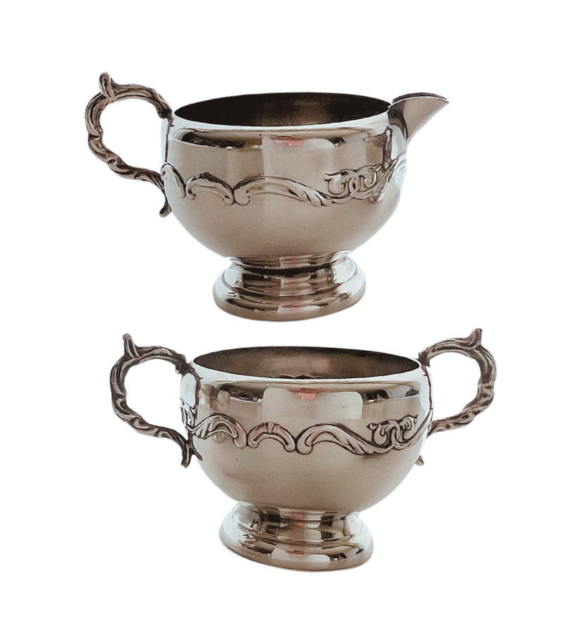 Em ess Silver Plated Sugar and Creamer Set - Embossed Acanthus Leaf Design, Elegant Two-Piece Ensemb
