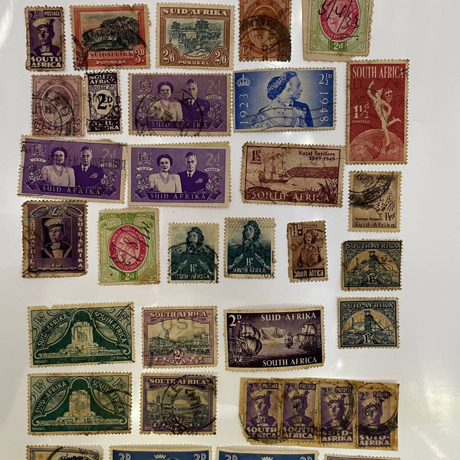 Lot of 33 Vintage Union of South Africa Stamps  Silver Wedding, Natal Settlers, 2/6 High Value + Mi