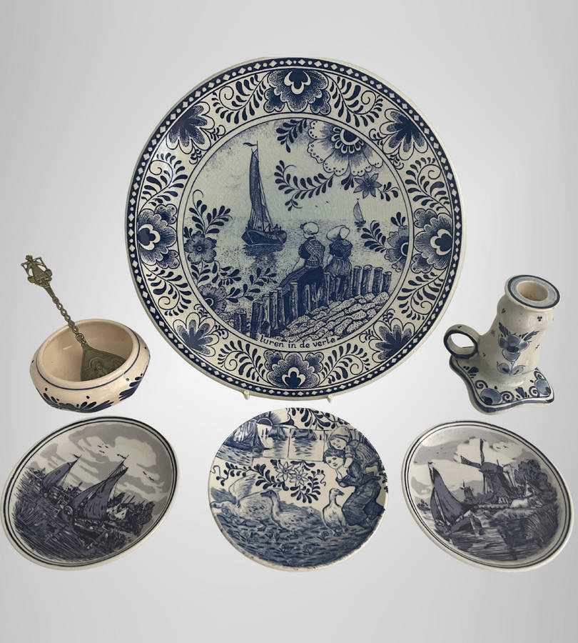 Bargain 7-Piece Dutch Delftware Decor Lot  Chemkefa plate, Boch Plate, Coasters, Candle Holder