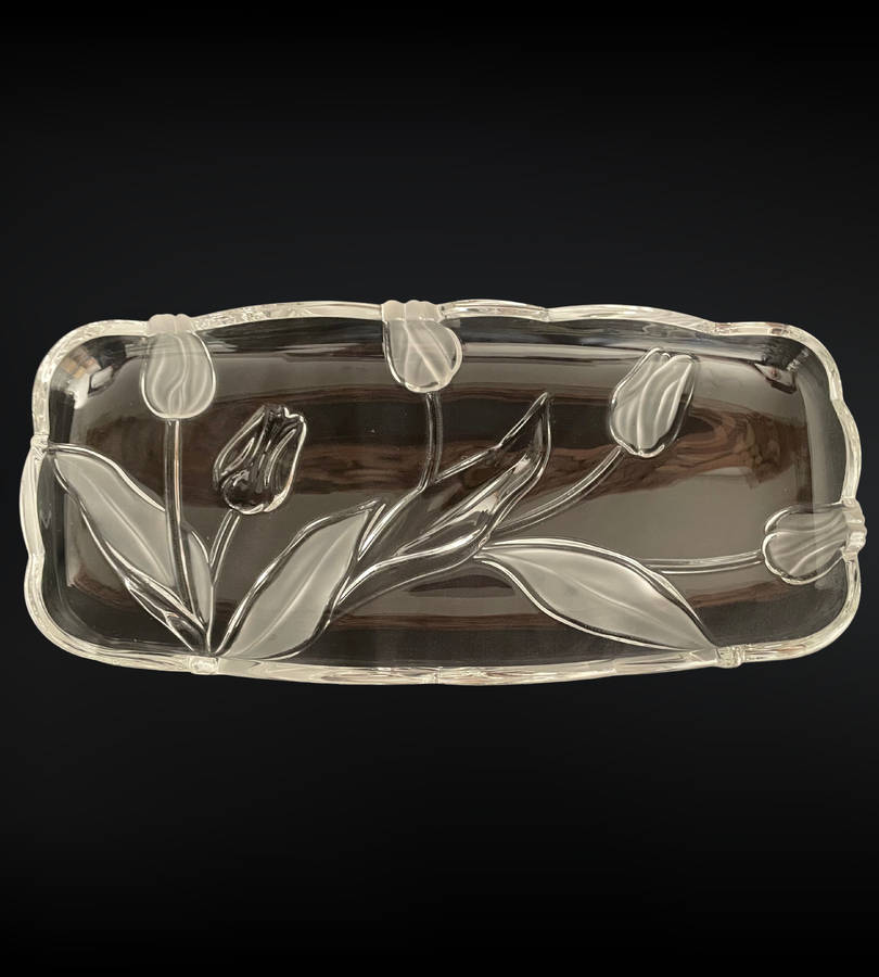 Original Walther Glass Nadine Satin Serving Tray - Frosted Tulip & Leaf Design, 375mm, with Box