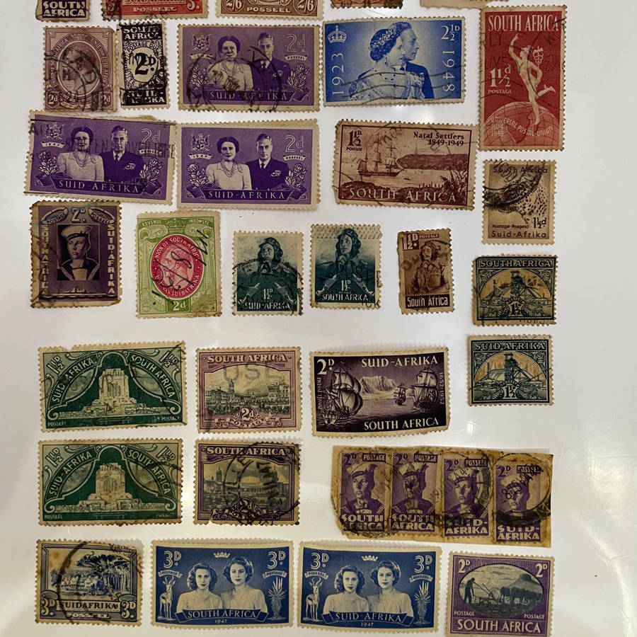 Lot of 33 Vintage Union of South Africa Stamps  Silver Wedding, Natal Settlers, 2/6 High Value + Mi