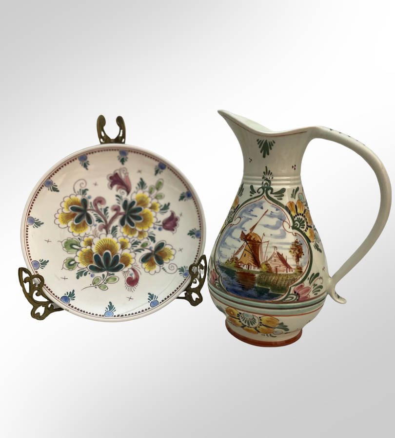 Delft Blue Hand-Painted Faience Polychrome Jug & Plate 2 piece Set  Signed, Made in Holland