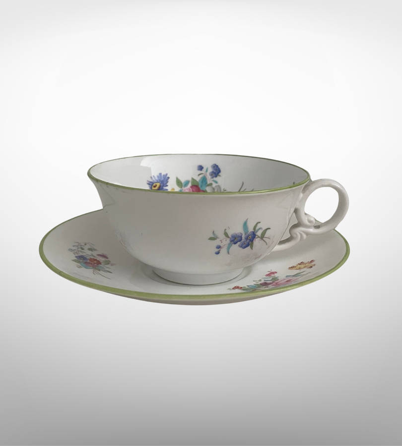 Antique Spode Copelands Tea Cup & Saucer  Ditsy Florals, Green Rim, Phillips Ltd Mark (1908-1929)