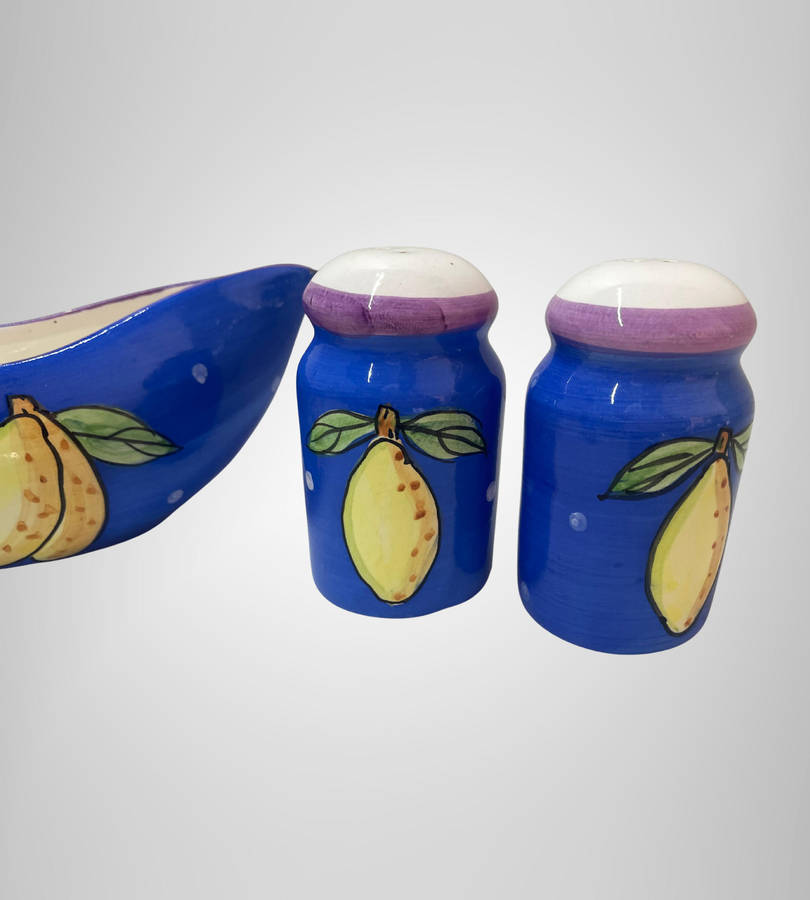 4-Piece Hand Painted Kitchenware Set  Blue & Yellow Lemons  Spoon Rest, Gravy Boat, Salt & Pepper
