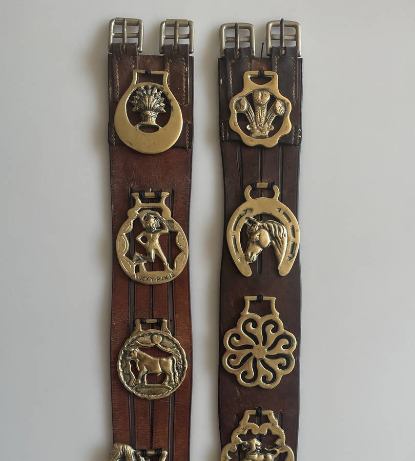 Vintage Genuine Leather South African Police Horse Straps with 10 Brass Medallions  70 cm