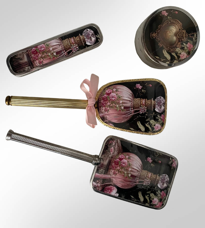 Restored Vintage Vanity Set - Hand Mirror, Brushes & Glass Jar with Black and Pink Coquette Décor