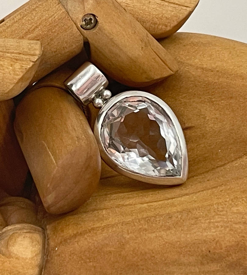 925 Sterling Silver Large Faceted Clear Quartz Teardrop Pendant - Soft Blue Hue - Great Condition