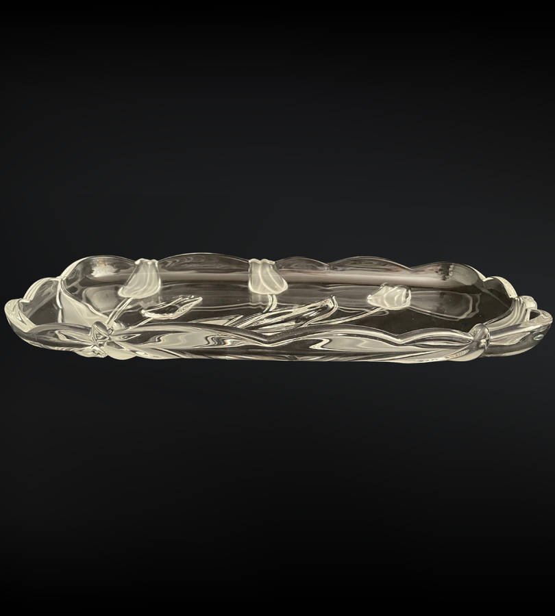 Original Walther Glass Nadine Satin Serving Tray - Frosted Tulip & Leaf Design, 375mm, with Box