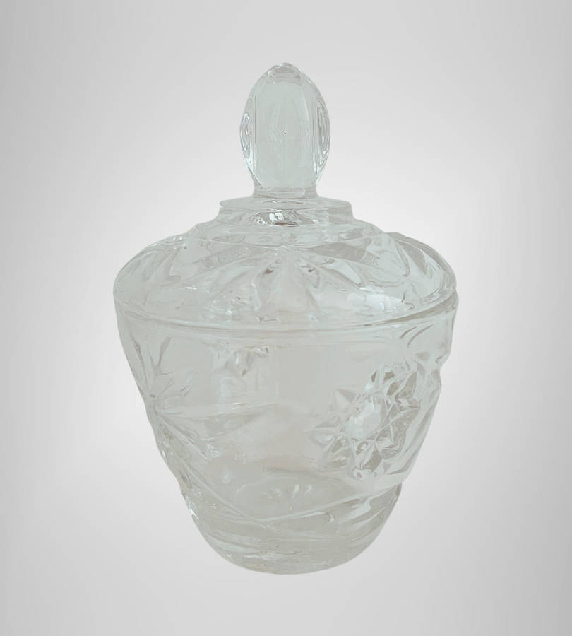 R1 Start - 1970s Vintage Pressed Glass Sugar Bowl  Art Deco Style, Star Pattern  13cm