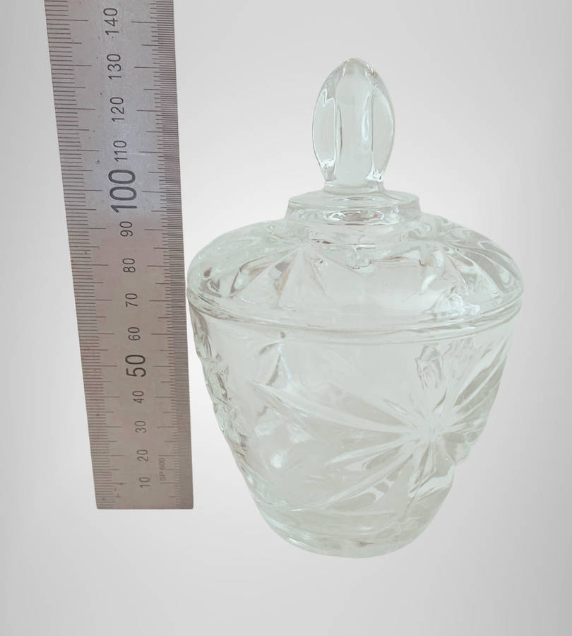 R1 Start - 1970s Vintage Pressed Glass Sugar Bowl  Art Deco Style, Star Pattern  13cm
