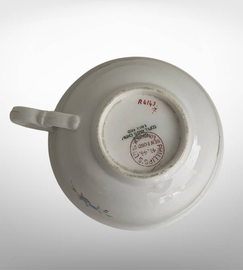 Antique Spode Copelands Tea Cup & Saucer  Ditsy Florals, Green Rim, Phillips Ltd Mark (1908-1929)