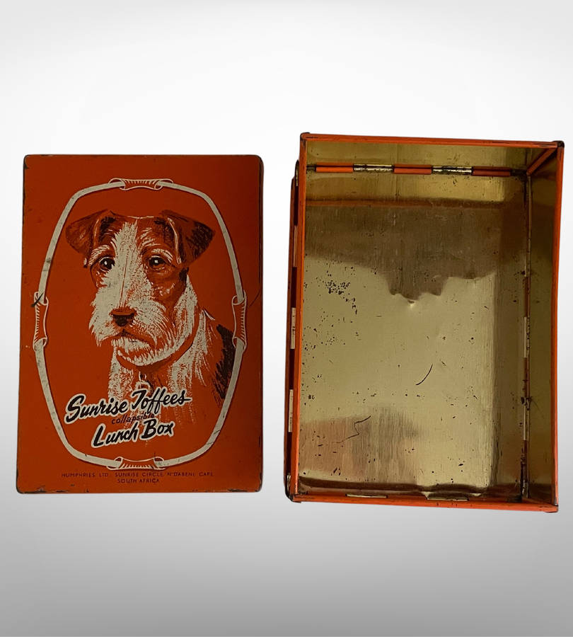 Super Rare Vintage Fox Terrier Sunrise Toffee Collapsible Tin Lunch Box Tin - 1940's
