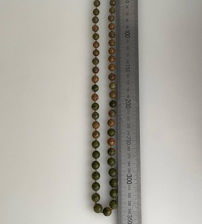 Heavy 54-Bead Unakite Necklace 11mm Rosary Style  Individually Knotted with Silverplated Clasp  70