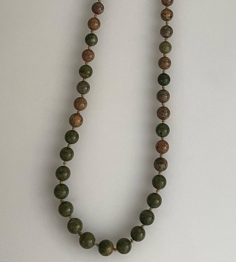 Heavy 54-Bead Unakite Necklace 11mm Rosary Style  Individually Knotted with Silverplated Clasp  70