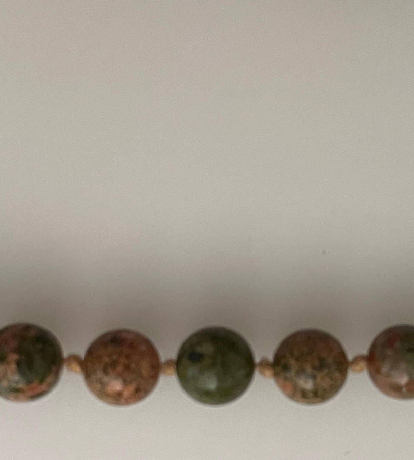 Heavy 54-Bead Unakite Necklace 11mm Rosary Style  Individually Knotted with Silverplated Clasp  70