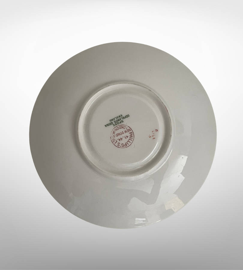 Antique Spode Copelands Tea Cup & Saucer  Ditsy Florals, Green Rim, Phillips Ltd Mark (1908-1929)