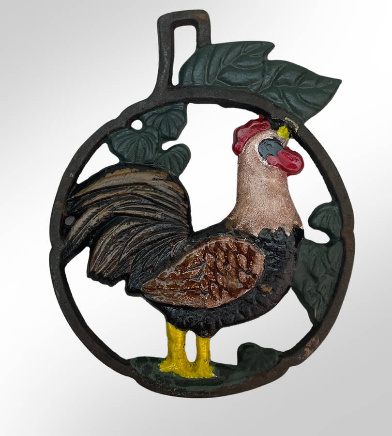 Rustic Farmhouse Kitchen Décor Set - Cast Iron Rooster Trivets, Ceramic Tile, and Squirrel Door Stop