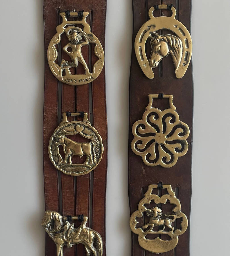 Vintage Genuine Leather South African Police Horse Straps with 10 Brass Medallions  70 cm