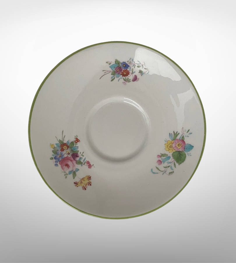 Antique Spode Copelands Tea Cup & Saucer  Ditsy Florals, Green Rim, Phillips Ltd Mark (1908-1929)