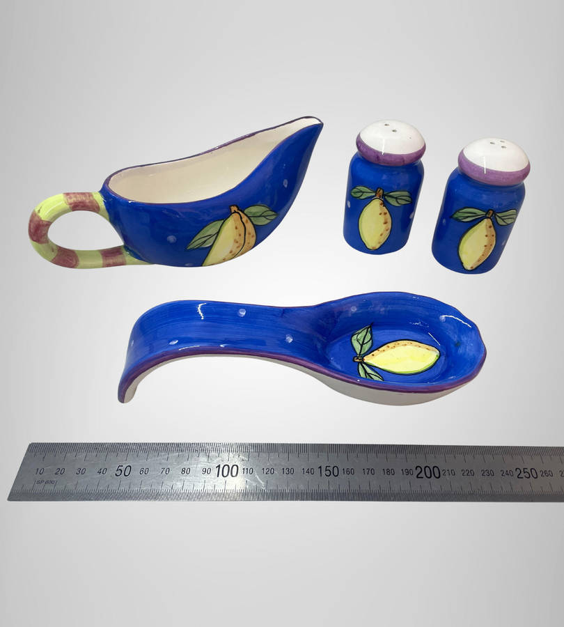4-Piece Hand Painted Kitchenware Set  Blue & Yellow Lemons  Spoon Rest, Gravy Boat, Salt & Pepper