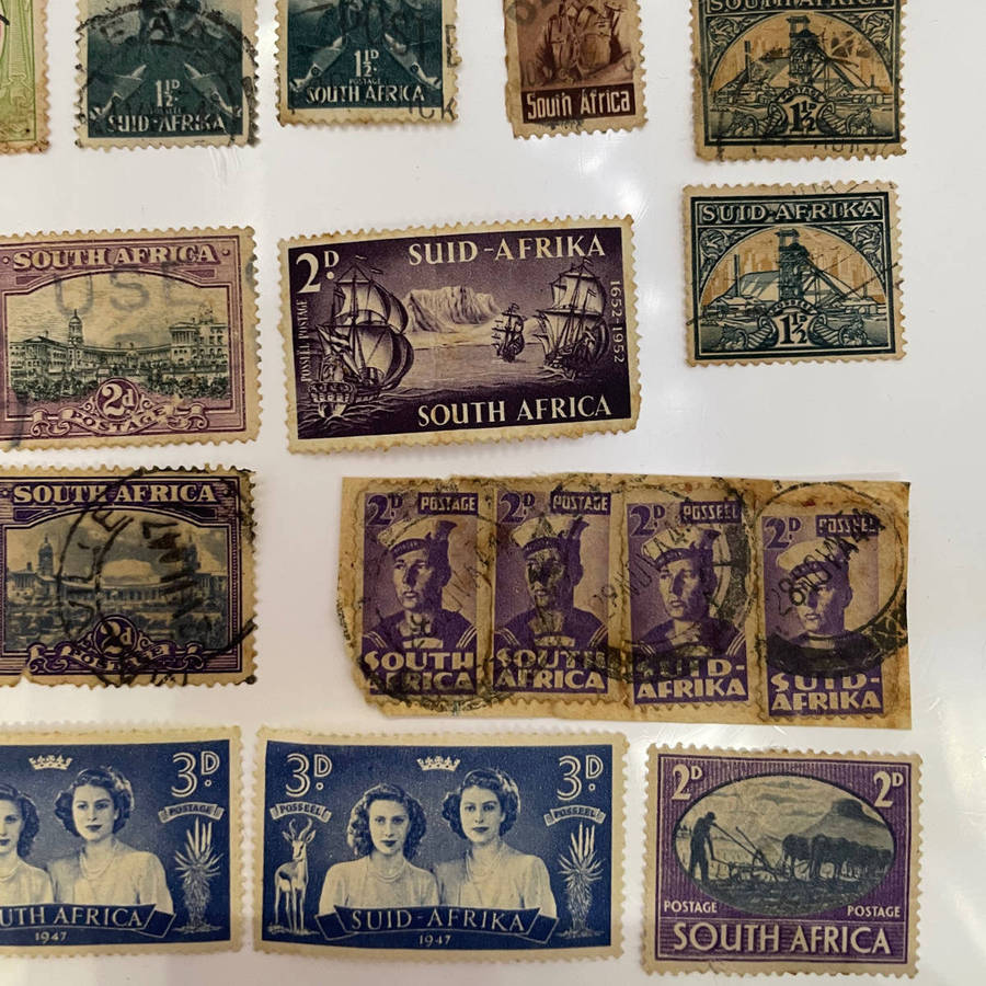 Lot of 33 Vintage Union of South Africa Stamps  Silver Wedding, Natal Settlers, 2/6 High Value + Mi