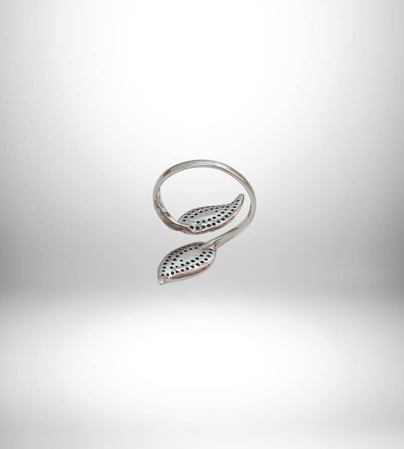925 Sterling Silver CZ Pave Foglia Leaf Adjustable Statement Ring - Size T