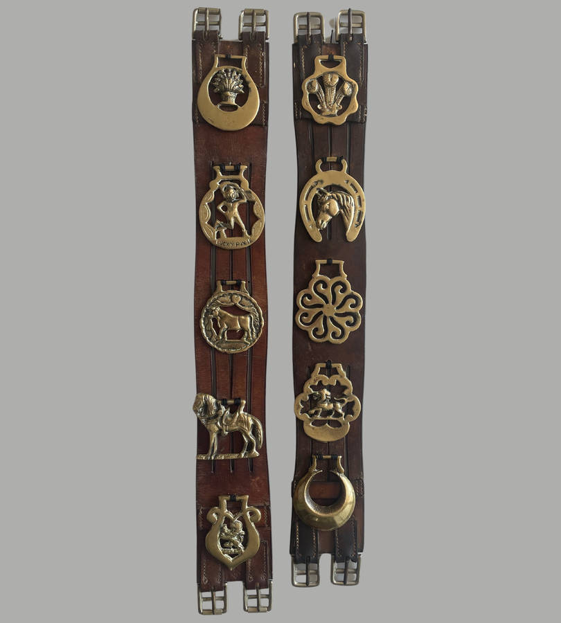 Vintage Genuine Leather South African Police Horse Straps with 10 Brass Medallions  70 cm