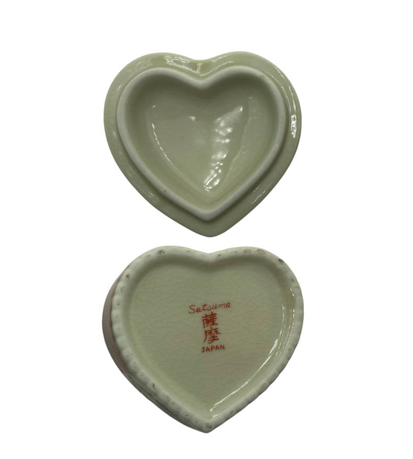 Vintage Satsuma Peacock Floral Heart-Shaped Trinket Box - Red/Green/Gold - Japanese Export