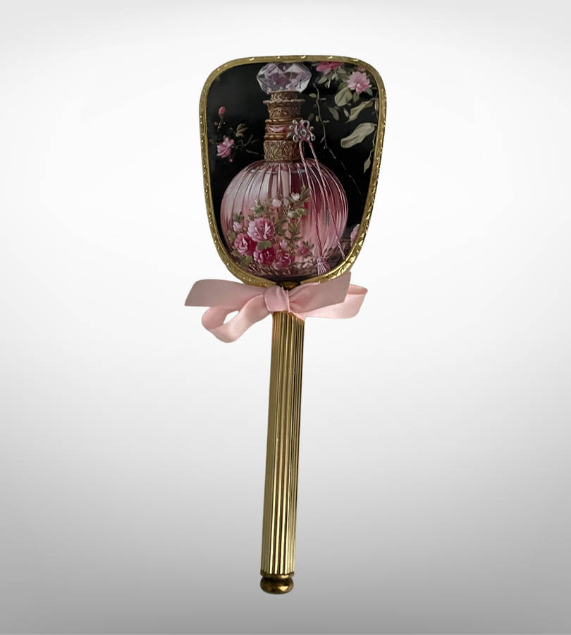 Restored Vintage Vanity Set - Hand Mirror, Brushes & Glass Jar with Black and Pink Coquette Décor