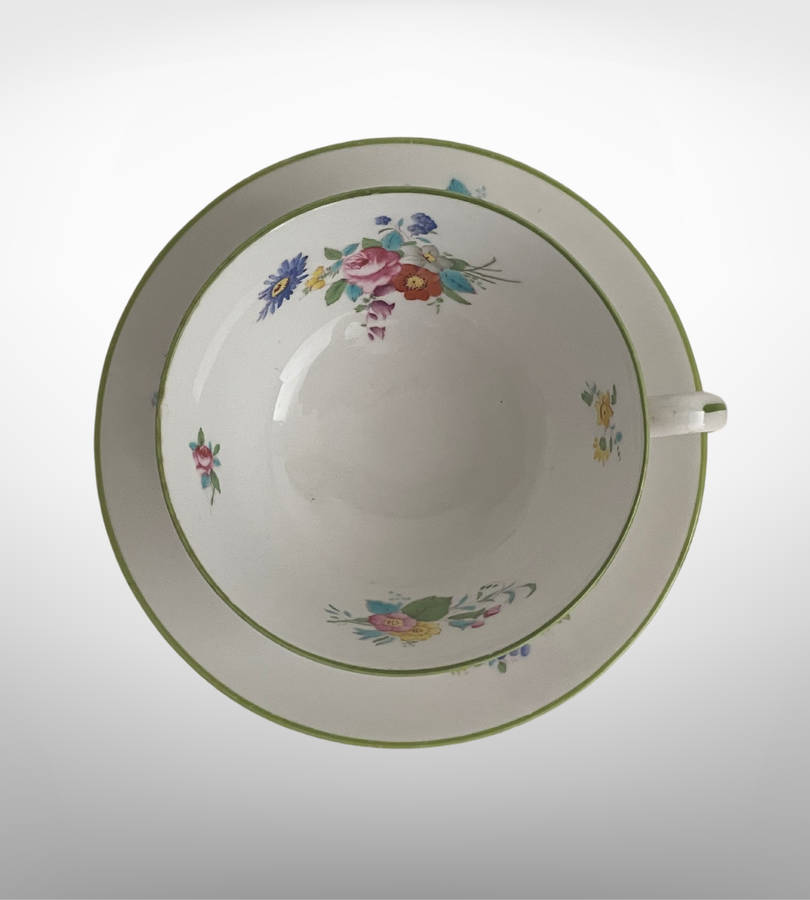 Antique Spode Copelands Tea Cup & Saucer  Ditsy Florals, Green Rim, Phillips Ltd Mark (1908-1929)