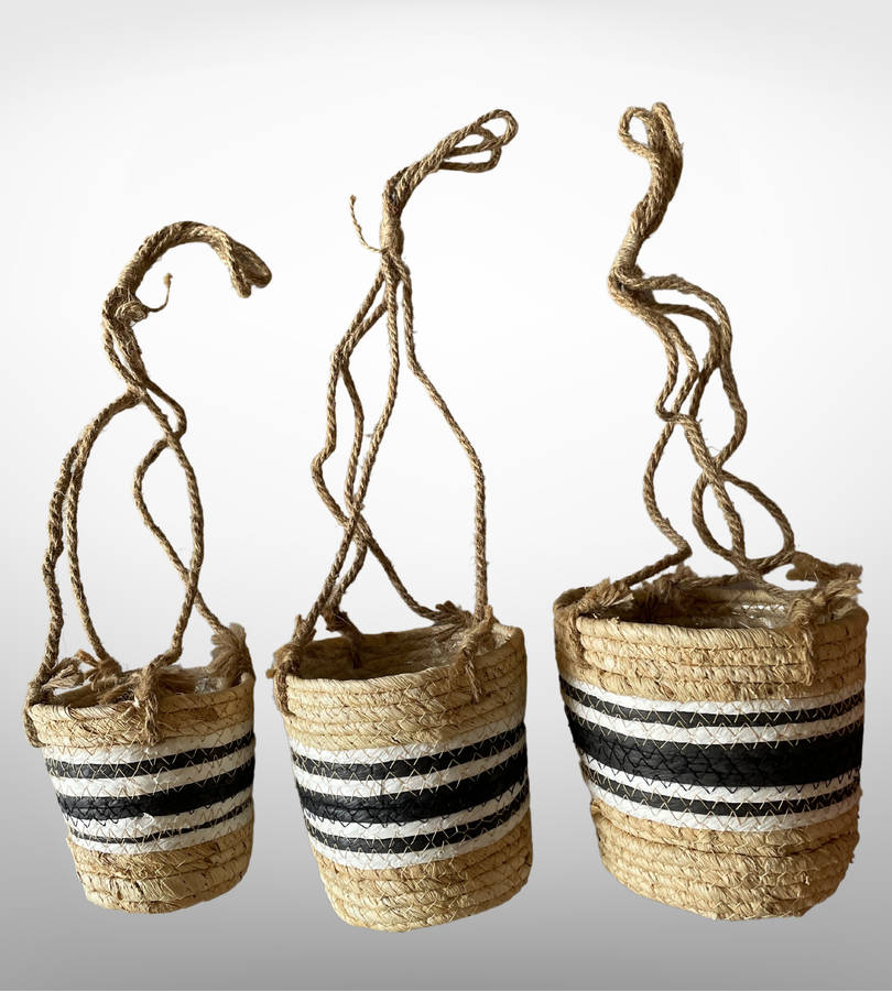 Rachel Hanging Basket Set - 9 Piece Hanging Planters (3 Sets of 3) - Natural with Black Accents