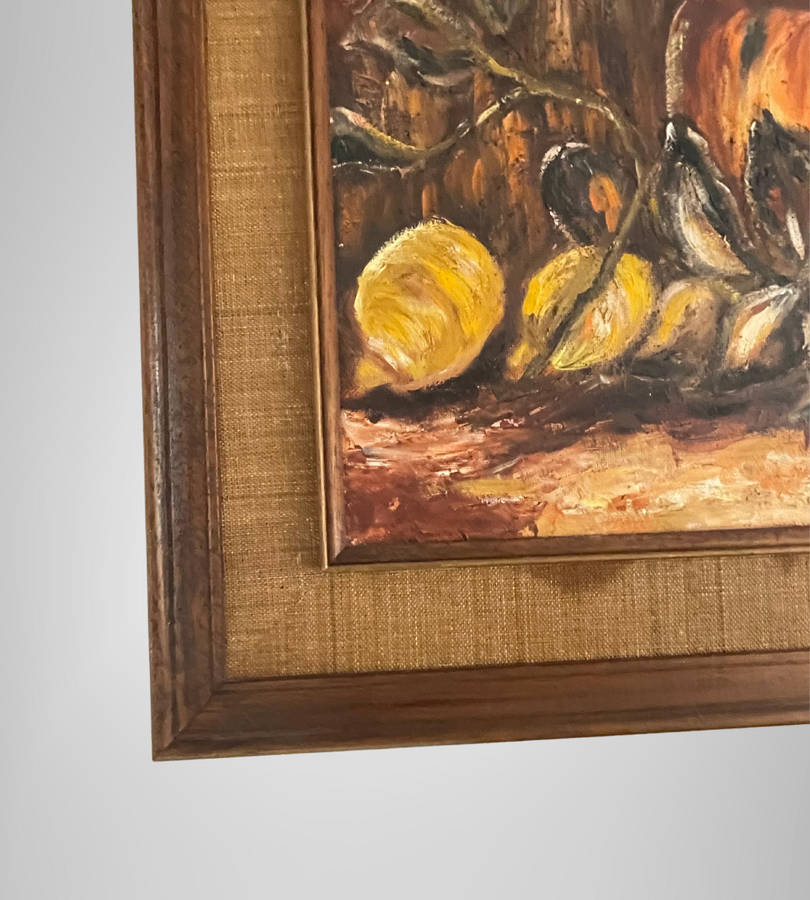 Rustic Farmhouse Oil Painting  Still Life Copper Pot & Lemons  Unattributed  79x64cm