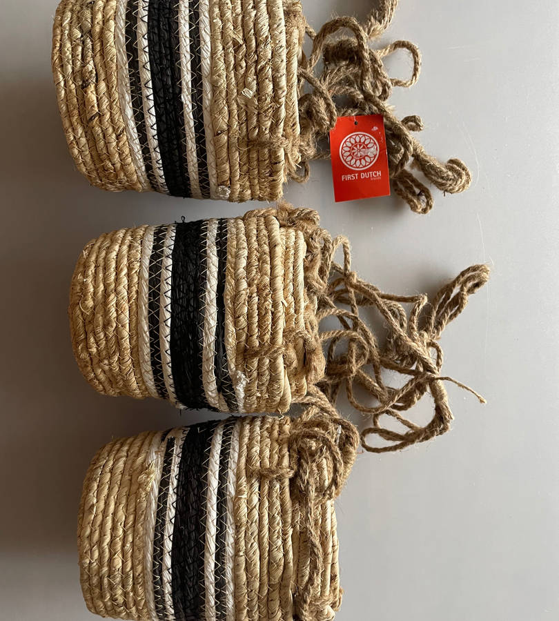 Rachel Hanging Basket Set - 9 Piece Hanging Planters (3 Sets of 3) - Natural with Black Accents