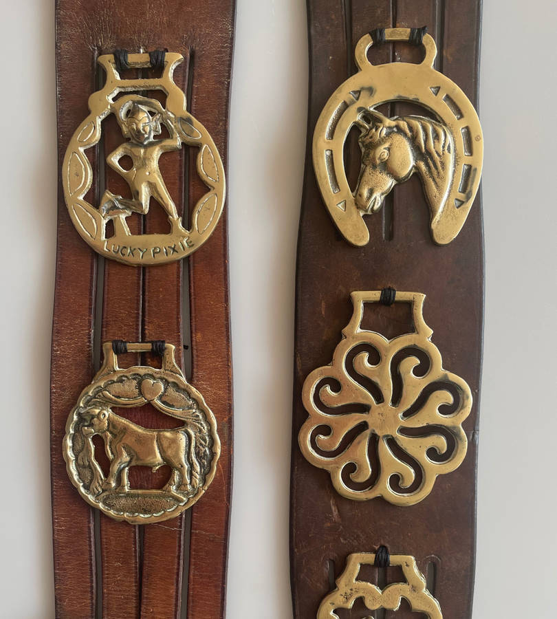 Vintage Genuine Leather South African Police Horse Straps with 10 Brass Medallions  70 cm