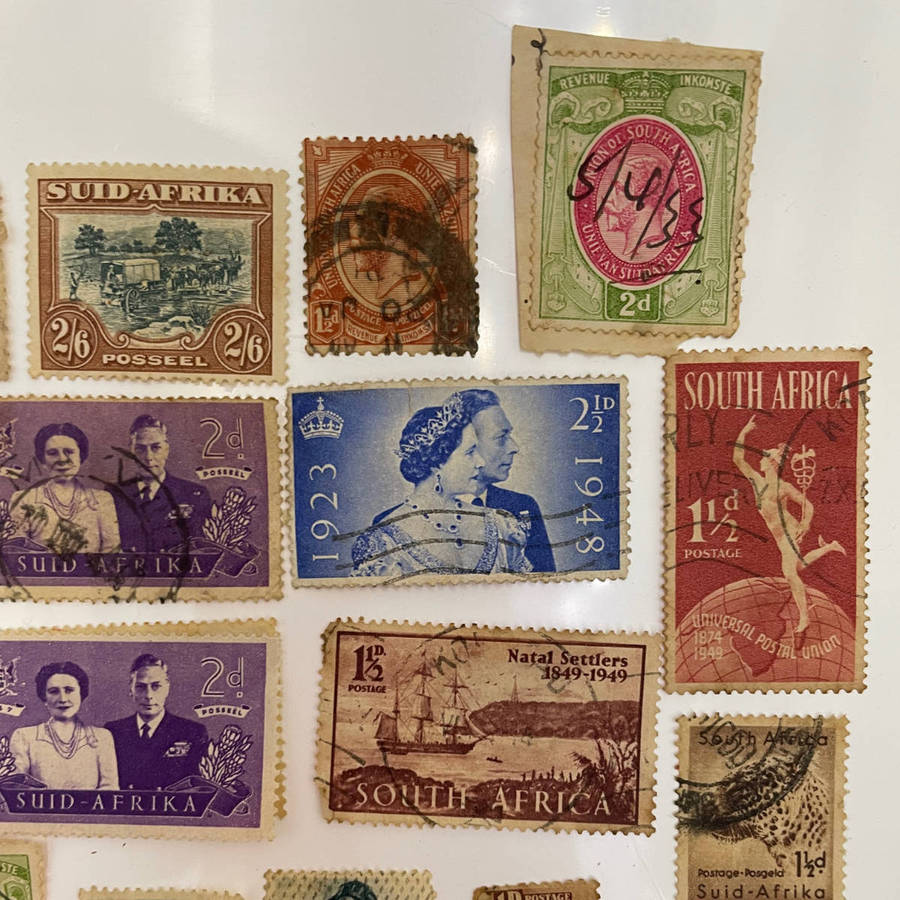 Lot of 33 Vintage Union of South Africa Stamps  Silver Wedding, Natal Settlers, 2/6 High Value + Mi