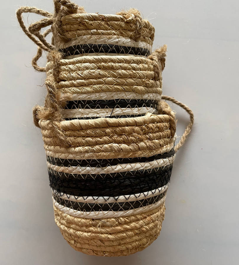 Rachel Hanging Basket Set - 9 Piece Hanging Planters (3 Sets of 3) - Natural with Black Accents