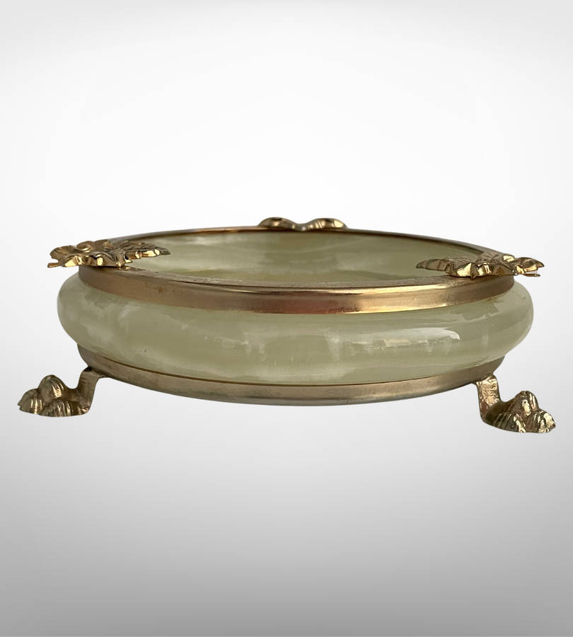 Vintage Green Onyx & Gold Plated Lion Footed Ashtray  Round Cigarette Rest/Trinket Holder, 14.5cm D