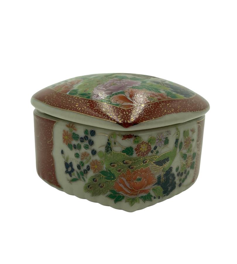 Vintage Satsuma Peacock Floral Heart-Shaped Trinket Box - Red/Green/Gold - Japanese Export