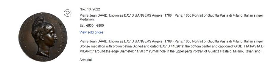 Rare 1828 bronze medallion by David dAngers  featuring Italian soprano Giuditta Pasta. Museum-wort