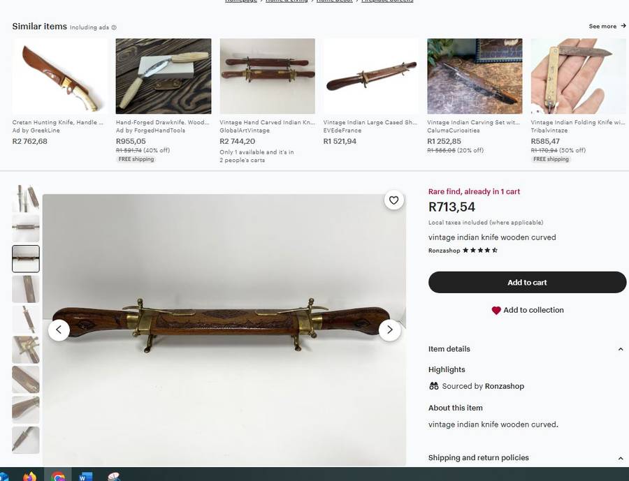 Vintage Indian Large Cased Sheathed Carving Eating Knife & Fork Cutlery Flatware Case