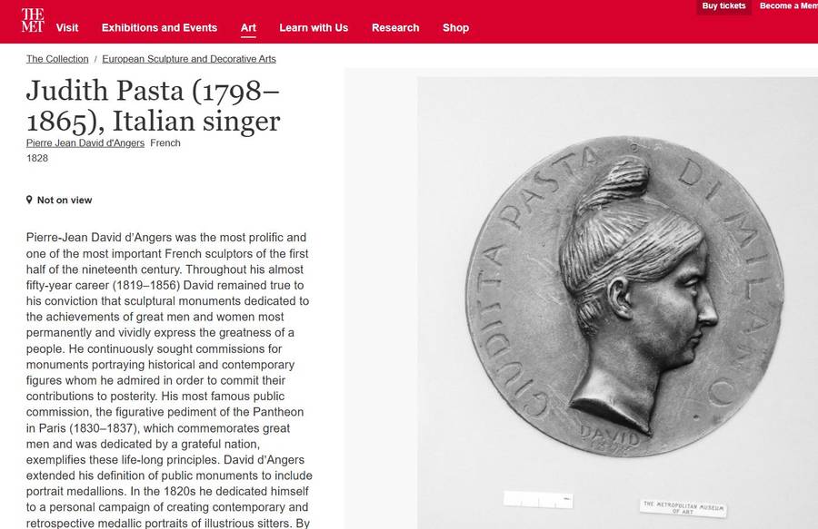 Rare 1828 bronze medallion by David dAngers  featuring Italian soprano Giuditta Pasta. Museum-wort