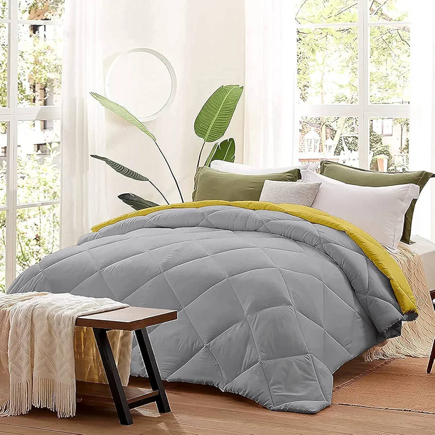 5pc Reversible Comforter Set Queen Yellow /Grey