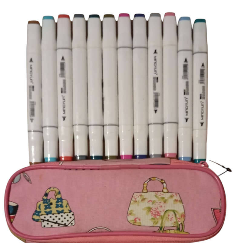 Stationery Set Of 12 Dual Tip Markers Plus Pencil Case
