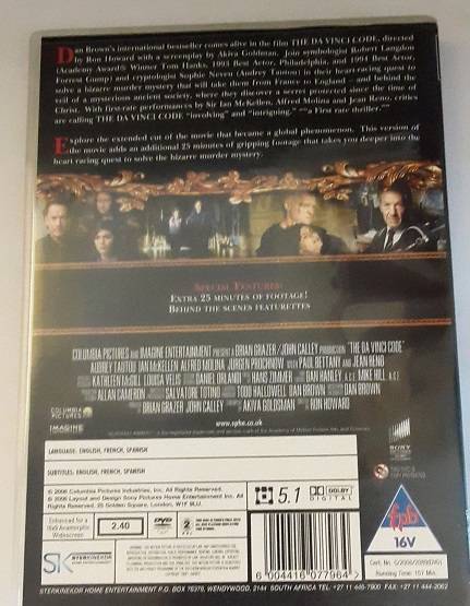 DVD movie  :   The Da Vinci Code , 2 disc extended cut   - good condition