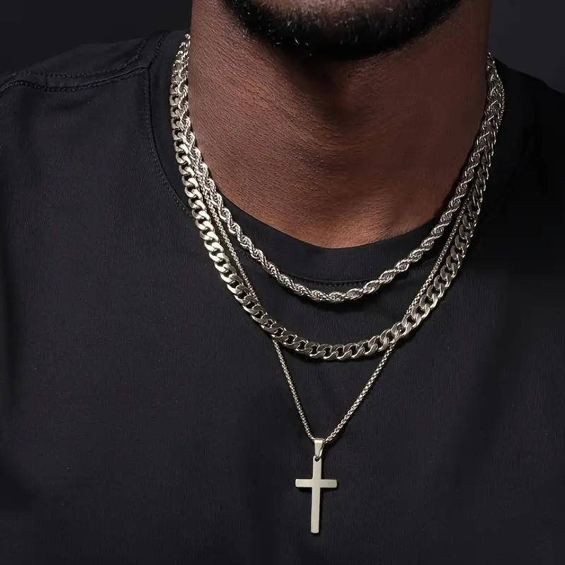 Layered Stainless Steel Cross Necklace Set  Free Gift Pouch-Men's Stainless Steel Chain Necklace